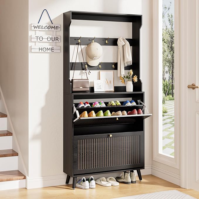 Shoe Cabinet for Entryway with 2 Flip Drawers & Coat Rack, Narrow Hidden Shoe - Image 7