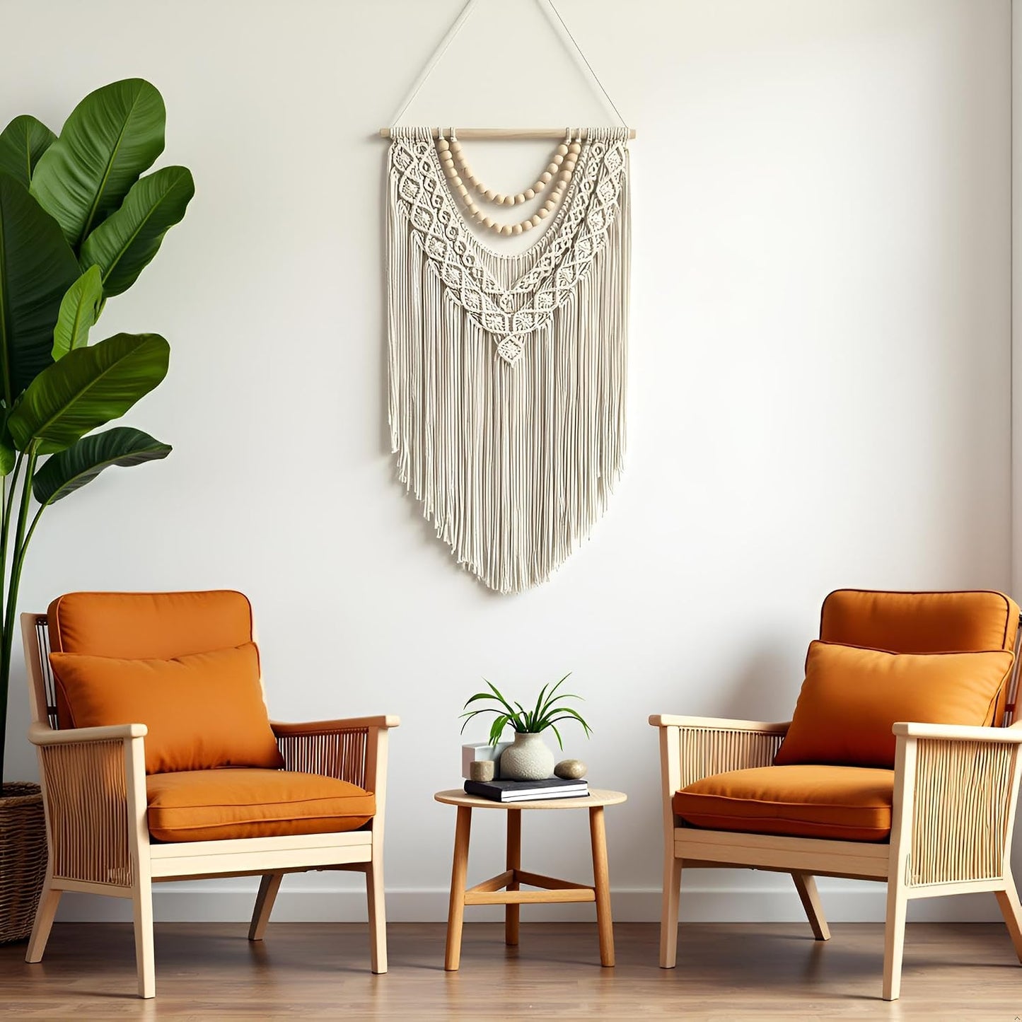 guzhiou Macrame Wall Hanging Boho Geometric Woven Tapestry Cotton Handmade Bohemian Art Decor with Wood Bead Wall Decor for Bedroom Living Room Apartment Nursery 31.5" L x 17" W (Wood bead-B)