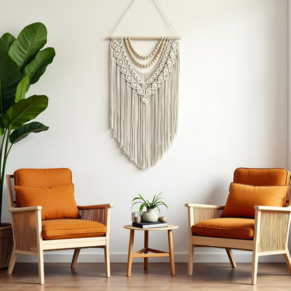 guzhiou Macrame Wall Hanging Boho Geometric Woven Tapestry Cotton Handmade Bohemian Art Decor with Wood Bead Wall Decor for Bedroom Living Room Apartment Nursery 31.5" L x 17" W (Wood bead-B)