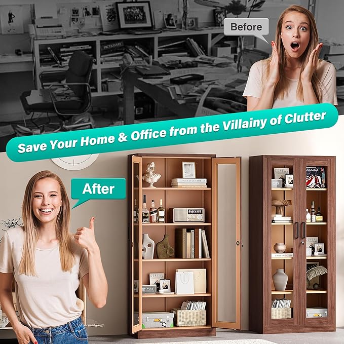 Metal Storage Cabinet with Lock and Glass Doors, Glass Display Cabinet - Image 9