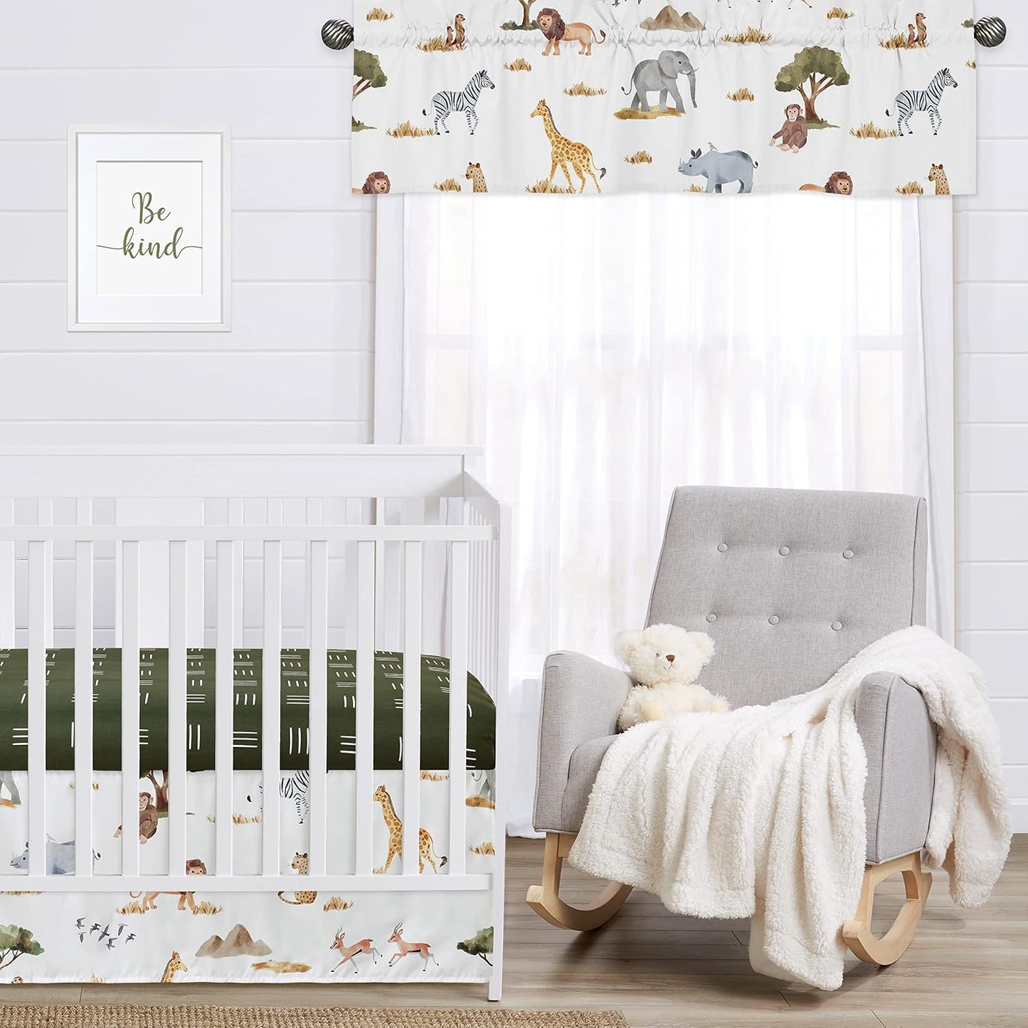 Sweet Jojo Designs Jungle Animals Window Treatment Valance Dark Hunter Green Yellow Grey Rust Orange Black and White Wildlife Safari Animal Gray Elephant Giraffe Lion Monkey Leopard Cheetah Zebra Bird
