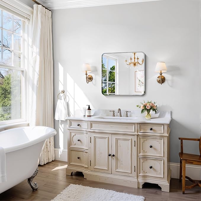 CILIBER Beveled Frameless Mirror, 18x18 Square Bathroom Mirror Rounded Corner - Image 2