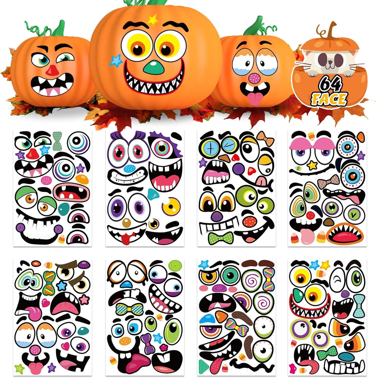 Halloween Pumpkin Face Stickers Halloween Pumpkin Decorating Stickers | 64 Pack Large Pumpkin Craft Stickers for Kids Toddlers Make Jack-O-Lantern Face Decals for Pumpkins and Squashes