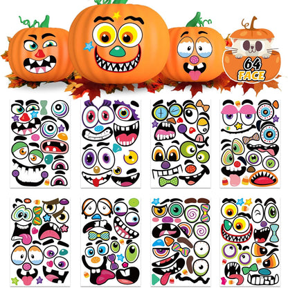 Halloween Pumpkin Face Stickers Halloween Pumpkin Decorating Stickers | 64 Pack Large Pumpkin Craft Stickers for Kids Toddlers Make Jack-O-Lantern Face Decals for Pumpkins and Squashes