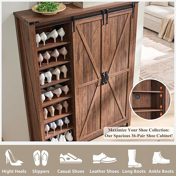 OKD Storage Cabinet with 2 Sliding Door, 7-Tier 62" Tall Farmhouse Entryway - Image 4