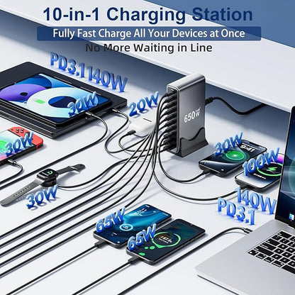 650W USB C Fast Charger Block, Dual PD3.1 140W 10 Port USB Charging Station - Image 2