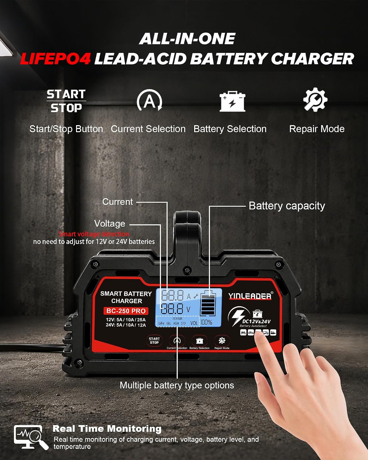 25a car battery charger 12v/24v lead acid &, side view