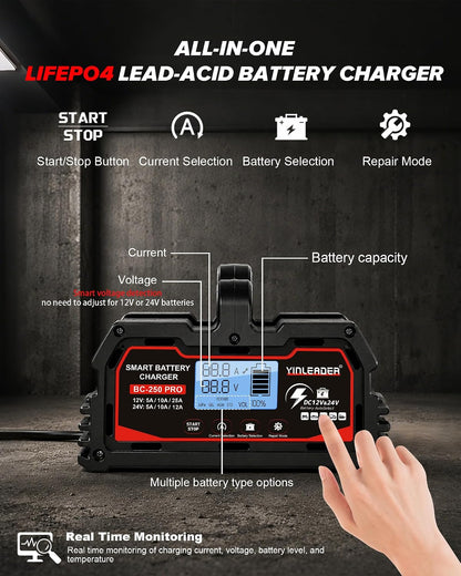 25a car battery charger 12v/24v lead acid &, side view