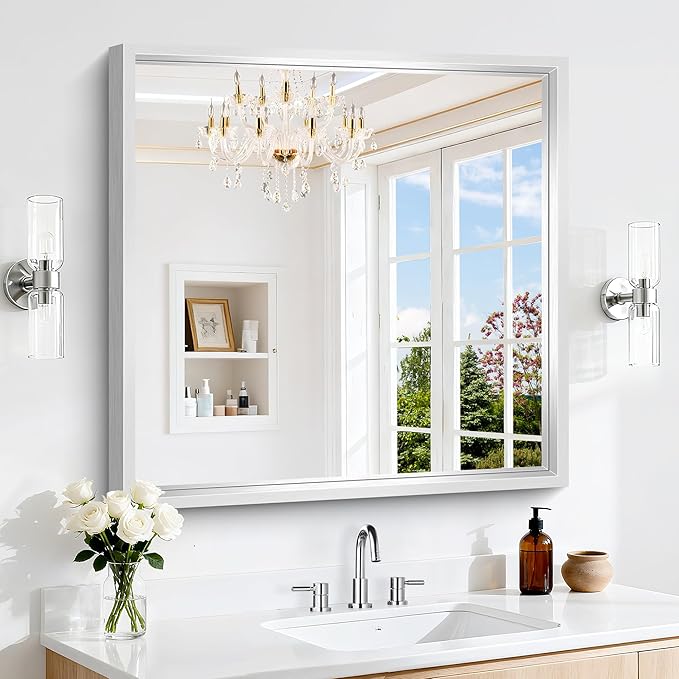30x30 Inch Silver Bathroom Mirror, Brushed Silver Square Mirror by WelcometoCIVENO