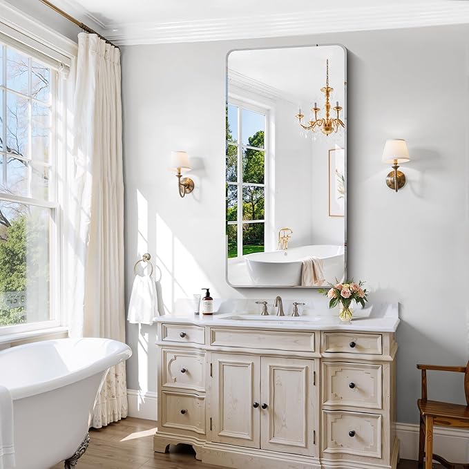 CILIBER Frameless Mirror, 24x48 Beveled Bathroom Mirror Rounded Corner - Image 3