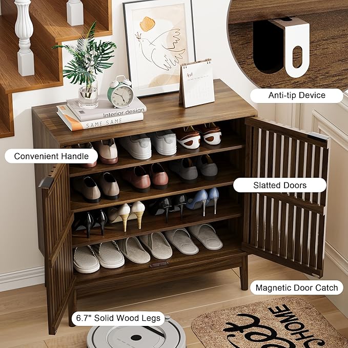 Shoe Cabinet with Slatted Doors, 4-Tier Freestanding Shoe Cabinet Storage - Image 7