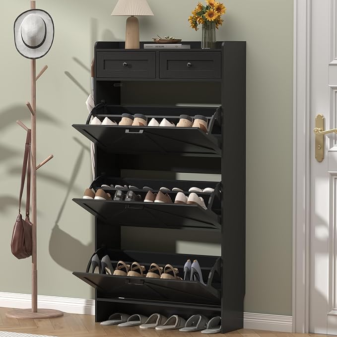 Shoe Cabinet with 3 Flip Drawers & 2 Storage Drawers, Rustic Farmhouse Narrow - Image 3