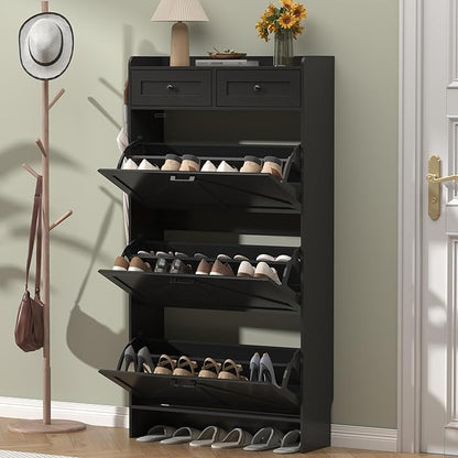 Shoe Cabinet with 3 Flip Drawers & 2 Storage Drawers, Rustic Farmhouse Narrow - Image 3
