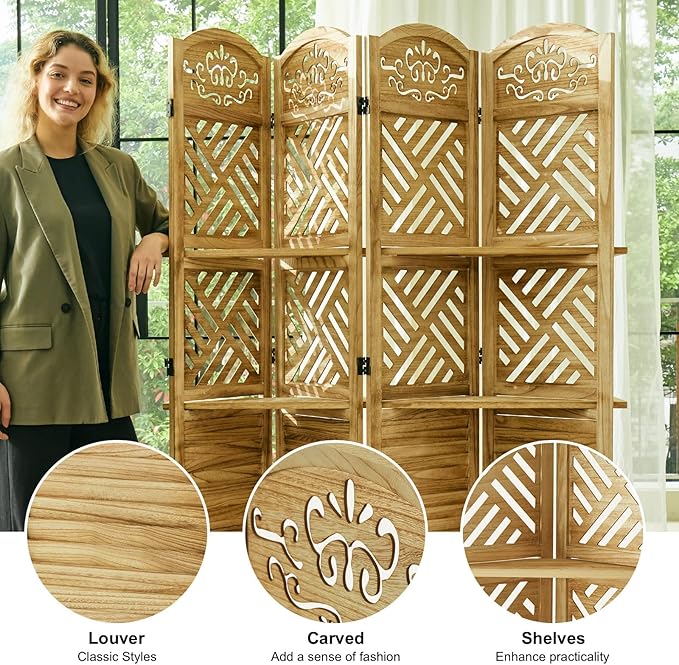 Svimi Room Divider with Shelves, 68.9inch Wood Carved and Louvered Wall Divider - Image 4