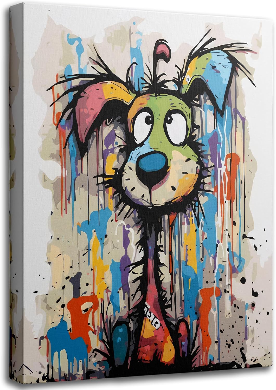Colorful Graffiti Cartoon Dog Wall Art Fun Animals Wall Decor Picture | Vibrant Playful and Fun Cartoon Style Puppy Canvas Printing for Living Room Bedroom Artwork Home Decoration