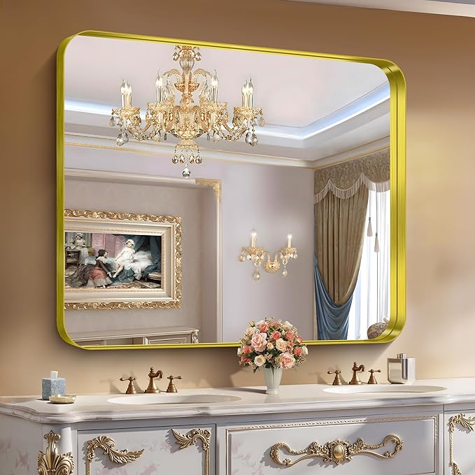 CIRCUMI Gold Bathroom Mirror, Rounded Corner, Tempered Glass, Large Mirror - Image 5