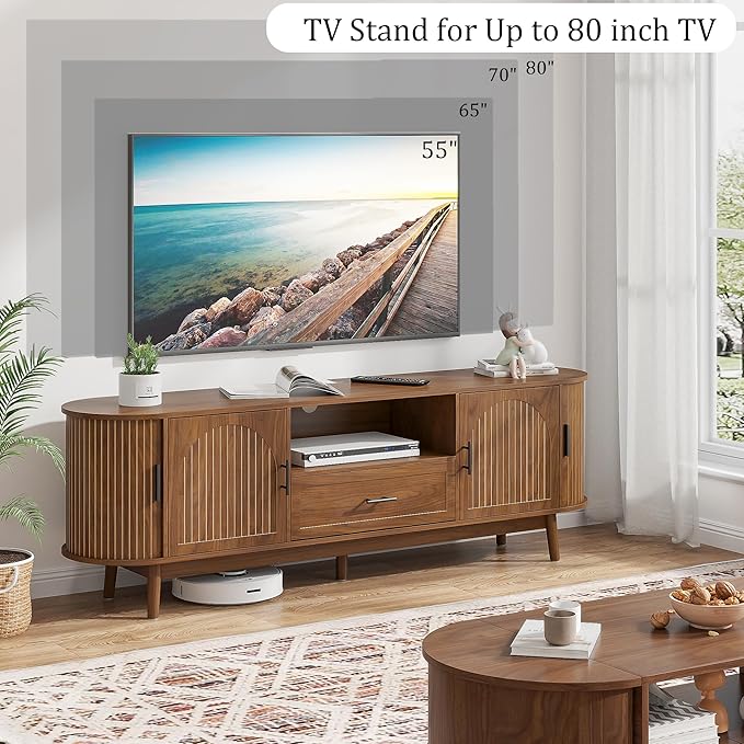 Mxtxmy 70" Fluted TV Stand for Tvs up to 80", Mid-Century Modern Entertainment - Image 3