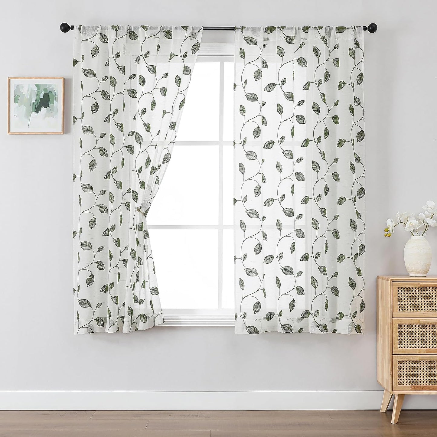Sage Green Sheer Curtains 63 Inch Length 2 Panels, Leaf Embroidery Linen Textured Light Filtering Sheer Curtains for Dining Room Bedroom, Rod Pocket Farmhouse Window Drapes, 2x40Wx63L Inches