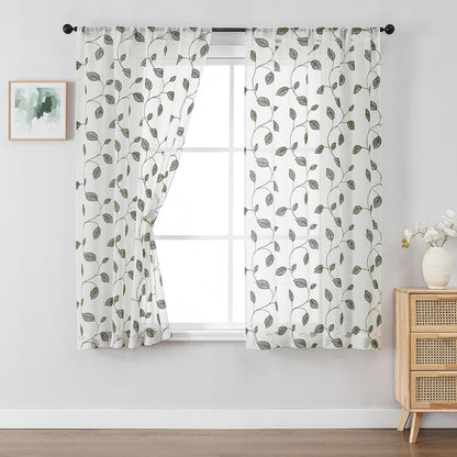 Sage Green Sheer Curtains 63 Inch Length 2 Panels, Leaf Embroidery Linen Textured Light Filtering Sheer Curtains for Dining Room Bedroom, Rod Pocket Farmhouse Window Drapes, 2x40Wx63L Inches