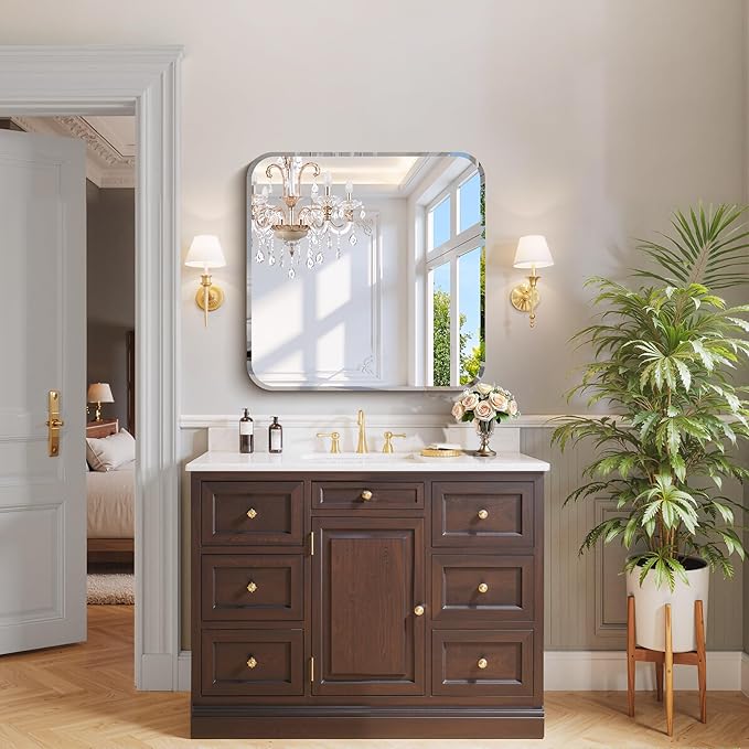 CILIBER Beveled Mirror 30"x30", Square Frameless Bathroom Mirror Rounded Corner - Image 6
