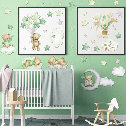Yinder 12 Sheet 78 Pcs Bear Highland Cow Wall Decals Cute Highland Cow Sticker Nursery Baby Wall Decor for Kids Girls Boys Baby Room Bedroom(Sage Green Bear)