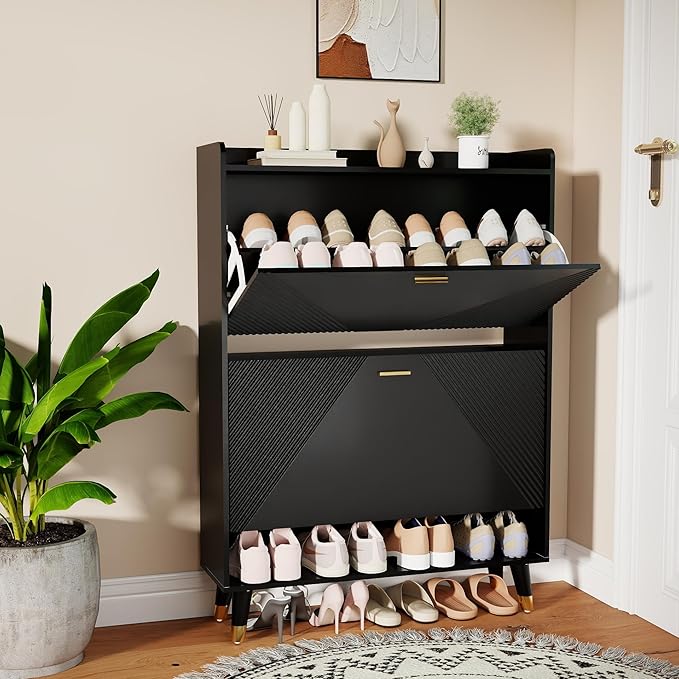 Shoe Cabinet Storage for Entryway: 32" Black Shoe Organizer Cabinet by Unknown