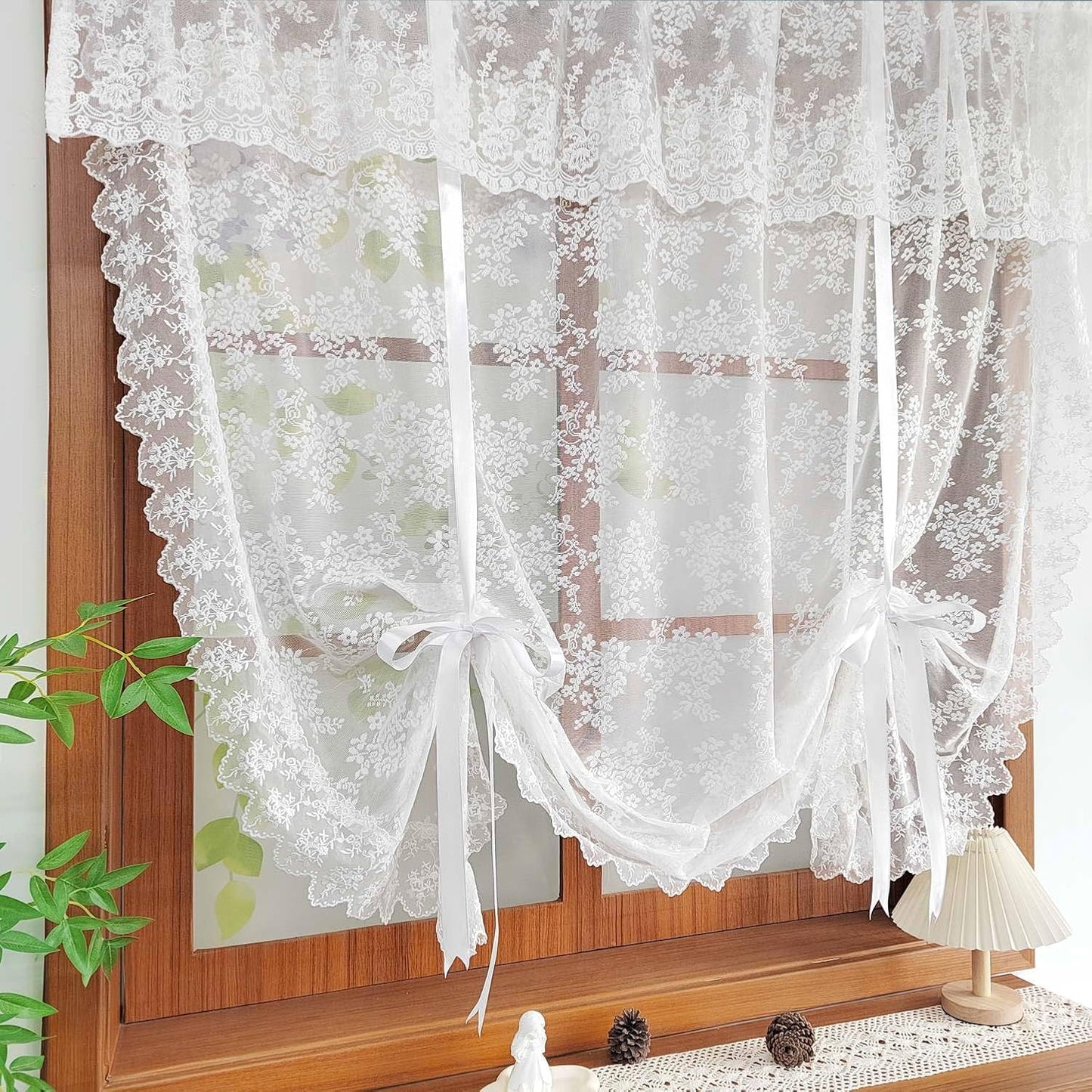 White Floral Lace Tie Up Curtain, Adjustable Lift Balloon Window Shade | Scalloped Edge Kitchen Curtain, Light Filtering Sheer Lace Curtain for Cafe Bathroom Rod Pocket, 1 Panel (W35 L39 inch)