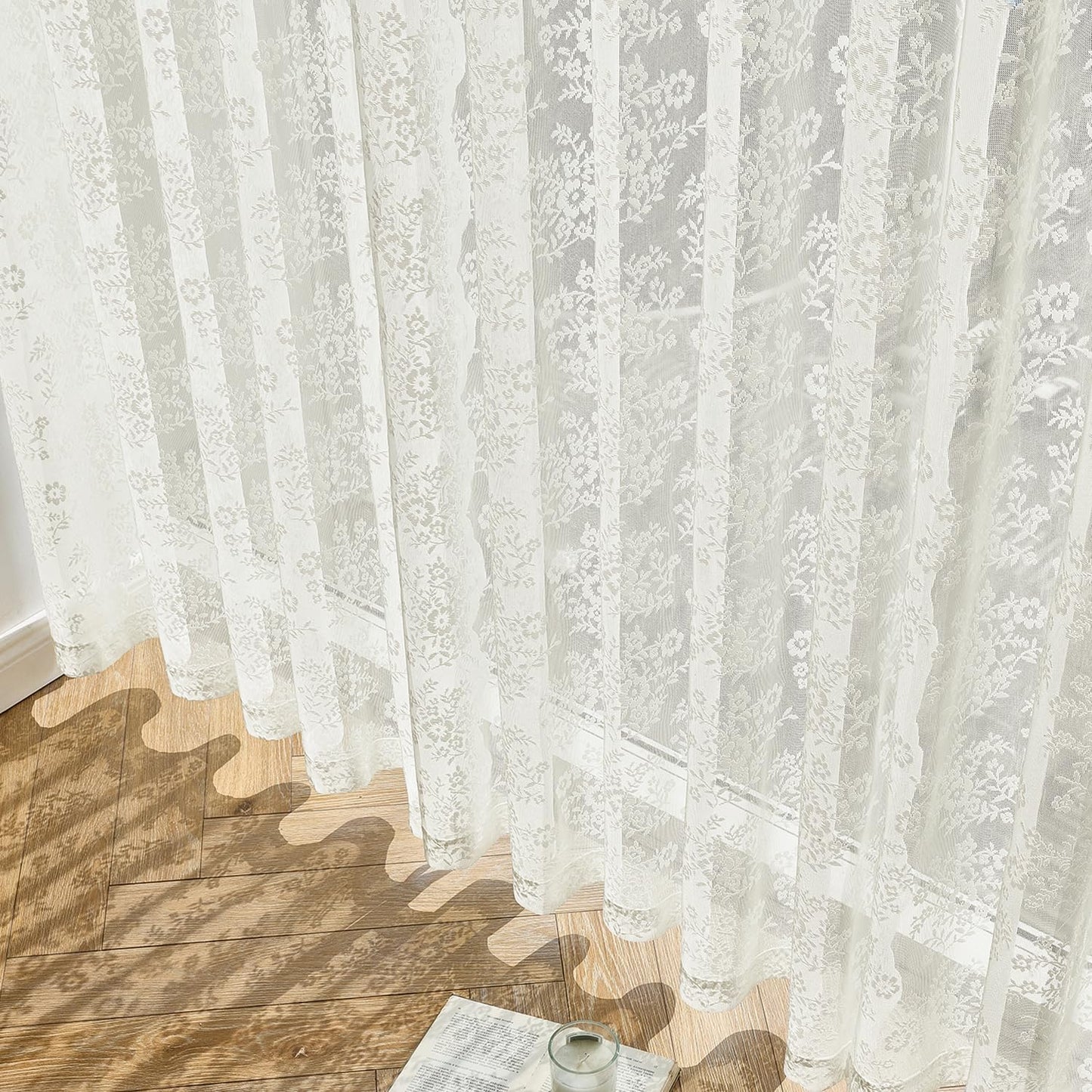 2 Panels Vintage Lace Curtains 63 Inches Length 52 x 63 Inch Ivory | Floral and Branch Pattern, Elegant, Romantic, Sheer, Light Filtering, Lacy Drapes, Living Room, Bedroom