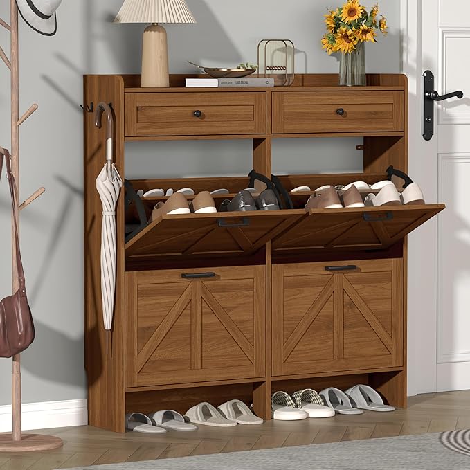 Shoe Cabinet with 4 Flip Drawers & 2 Storage Drawers, Rustic Farmhouse Narrow by Thacuok