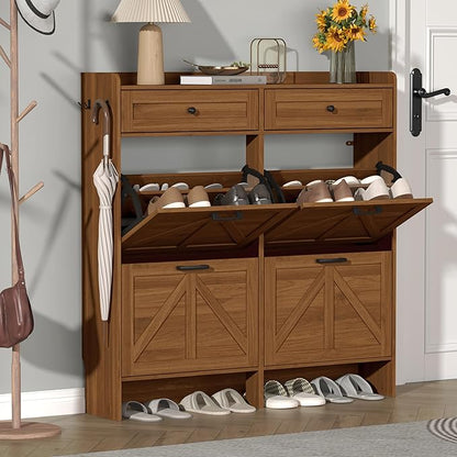 Shoe Cabinet with 4 Flip Drawers & 2 Storage Drawers, Rustic Farmhouse Narrow by Thacuok