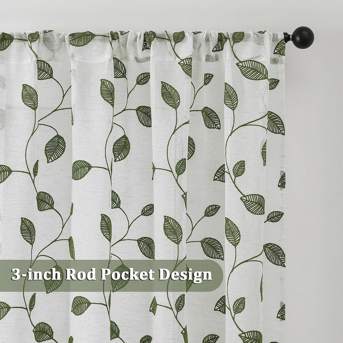 Sage Green Sheer Curtains 63 Inch Length 2 Panels, Leaf Embroidery Linen Textured Light Filtering Sheer Curtains for Dining Room Bedroom, Rod Pocket Farmhouse Window Drapes, 2x40Wx63L Inches