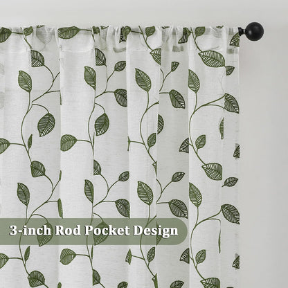 Sage Green Sheer Curtains 63 Inch Length 2 Panels, Leaf Embroidery Linen Textured Light Filtering Sheer Curtains for Dining Room Bedroom, Rod Pocket Farmhouse Window Drapes, 2x40Wx63L Inches