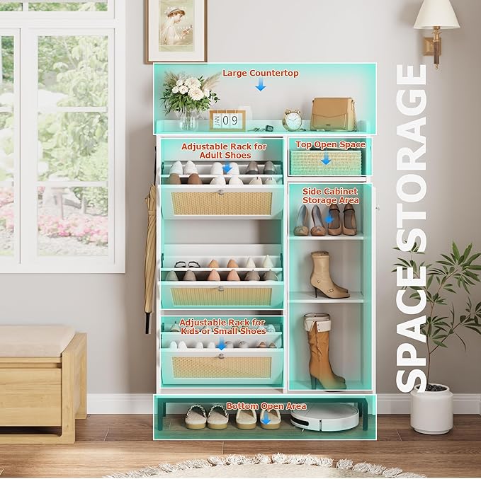 Rattan Wooden Shoe Cabinet, Freestanding 3-Flip Drawer Shoe Storage Organizer - Image 5