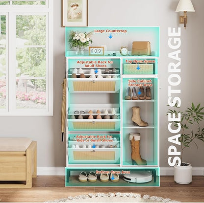 Rattan Wooden Shoe Cabinet, Freestanding 3-Flip Drawer Shoe Storage Organizer - Image 5
