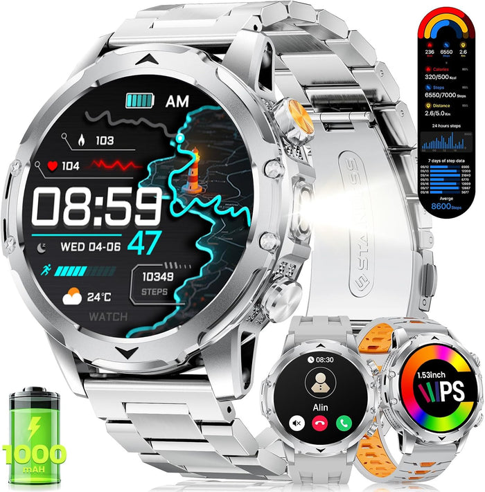 1.53"Military Smart Watch for Men, 1000mAh, for Android/iOS, Silver Orange