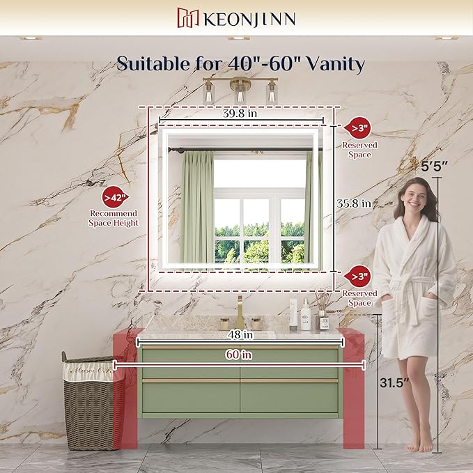 Keonjinn 40" x 36" LED Mirror for Bathroom, Frontlit & Backlit Bathroom Mirror - Image 2