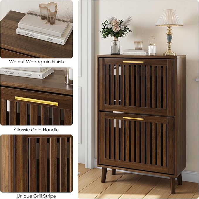 Shoe Cabinet with 2 Flip Slatted Drawers, Farmhouse Slim Shoe Organizer Rack - Image 3