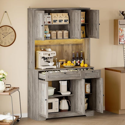 Pantry Cabinet with Charging Station and Light, Tall Kitchen Pantry Storage - Image 3