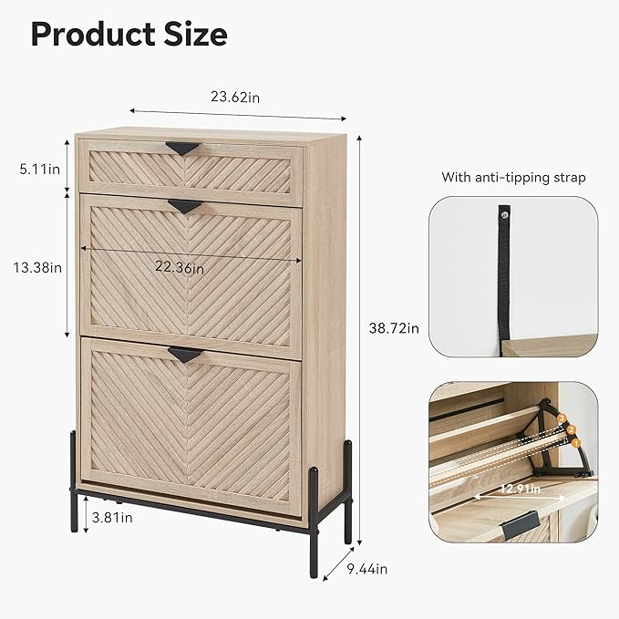 Shoe Cabinet Storage with 2 Flip Drawers, Narrow Hidden Shoes Cabinet Organizer - Image 2