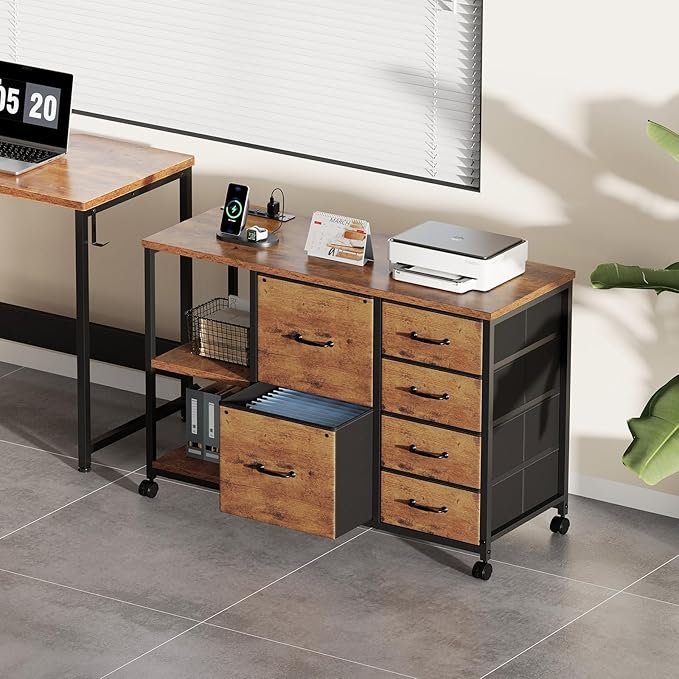 6 Drawer File Cabinet with Charging Station Rolling Printer Stand with Open - Image 2