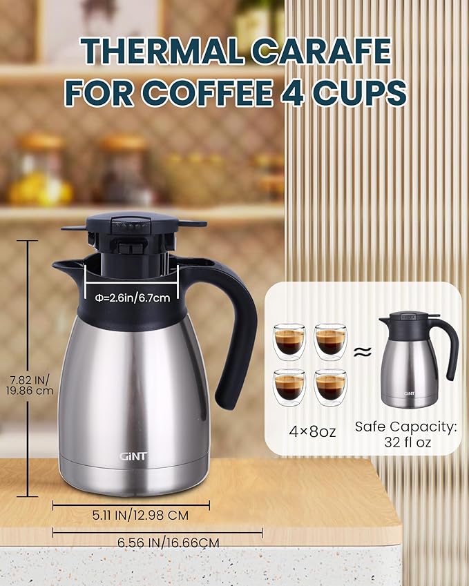 GiNT 34Oz Thermal Coffee Carafe, Insulated Stainless Steel Coffee Carafes - Image 4