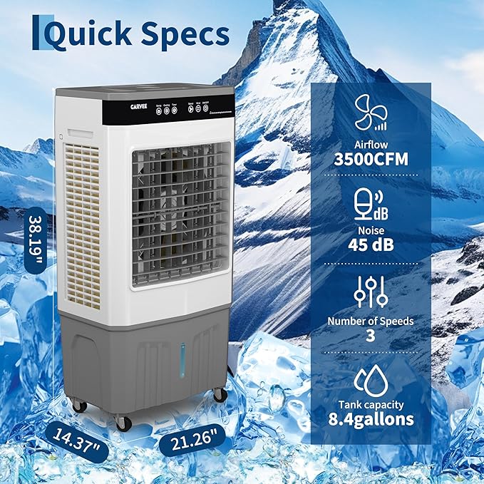 8.4 Gal Portable Evaporative Air Cooler, 3200 CFM Cooler - Image 2