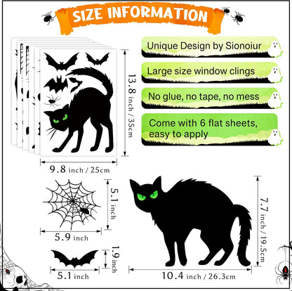 Halloween Black Cat Window Clings Decorations, Spooky Haunted House Bats Spider Web Scary Decals, Silhouette Removable Double-Side Black Cats Window Sticker Halloween Party Supplies 6 Sheets