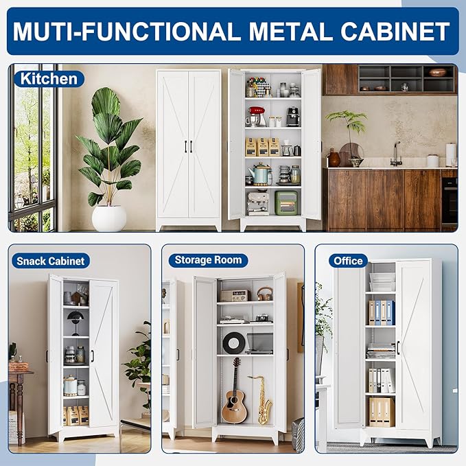 White Tall Farmhouse Metal Pantry Linen Storage Cabinet and Organizers - Image 7