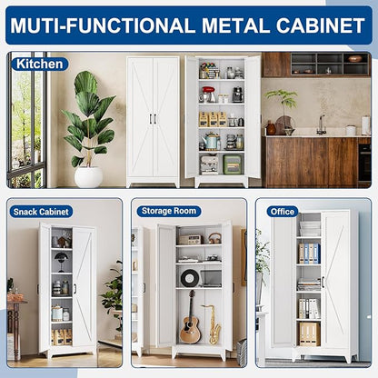 White Tall Farmhouse Metal Pantry Linen Storage Cabinet and Organizers - Image 7