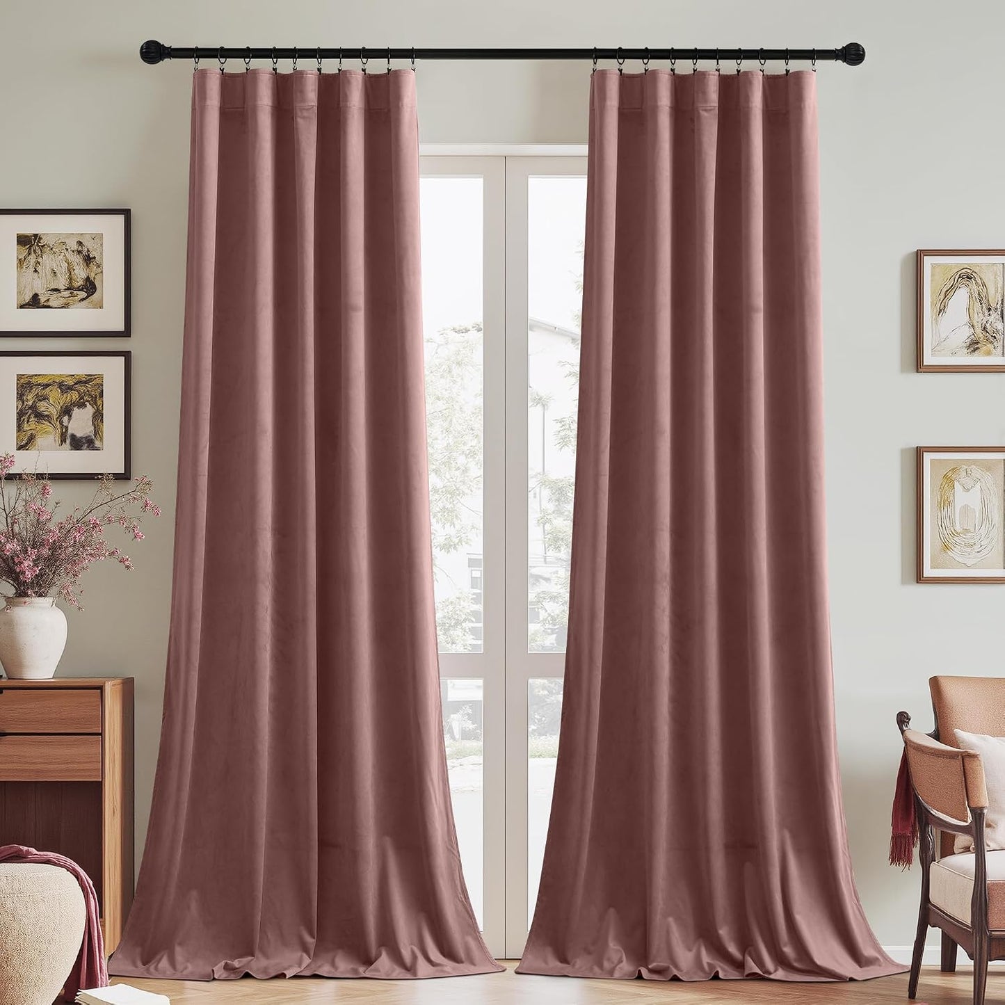 Wild Rose Pink Velvet Curtains Nursery Privacy, W52 x L94, 2 Panels | Room Darkening, Back Tab Pinch Pleat, Thermal Window Drapes, Privacy & UV Protection for Bedroom, Girls' Room, Living Room