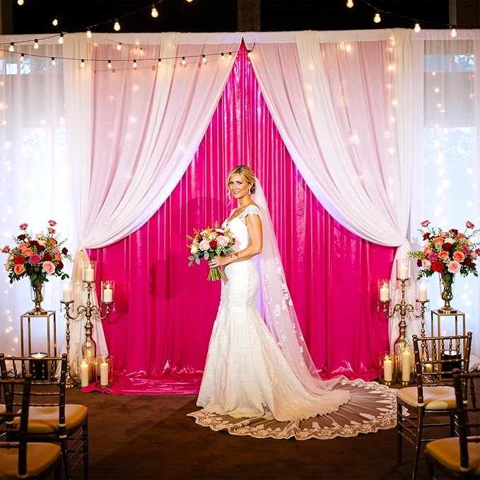 20x10ft Shimmer Hot Pink Sequin Backdrop Curtain for Parties, Thick Wrinkle F...