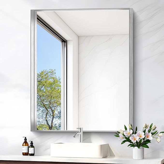 Silver Bathroom Mirror, 30x36 Inch Rectangular Framed Mirror, Large Wall by Unknown