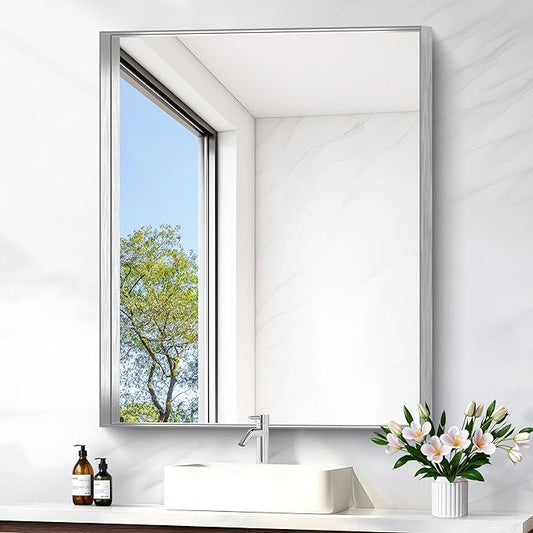 Silver Bathroom Mirror, 30x36 Inch Rectangular Framed Mirror, Large Wall by Unknown