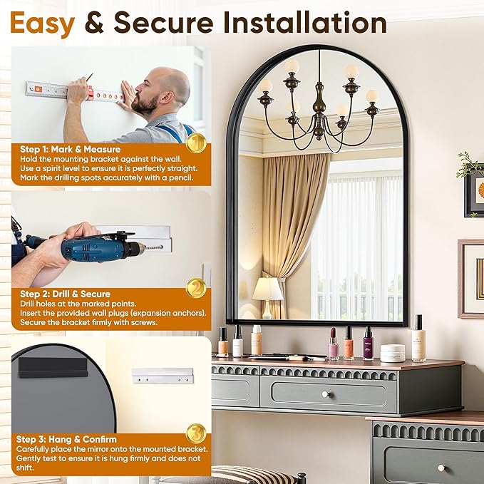 Arched Mirror 24"x36", Bathroom Mirror, Wall Mounted Vanity Mirror - Image 8